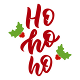Red 'Ho ho ho' text with green holly leaves on a white background