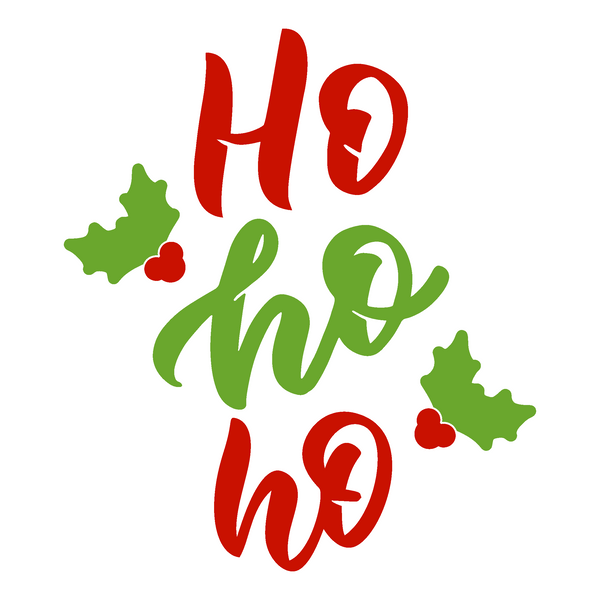 Christmas-themed text 'Ho ho ho' with holly leaves and berries on a white background