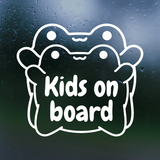 White 'Kids on board' sticker on a dark glass surface