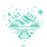 Mint green 'Lake Life' design with mountains, lake, trees, and sun on a white background.
