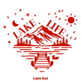 Red illustration of a lake scene with mountains and trees, featuring the text 'Lake Life'.