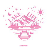 Pink 'Lake Life' design with mountains, trees, and a lake on a white background.