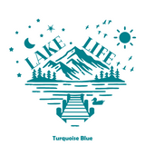 Teal 'Lake Life' graphic with mountains, trees, and a dock on a white background.