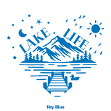 Lake Life graphic with mountains, trees, dock, and sun on a white background