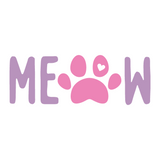Pink paw print with 'MEOW' text on a white background