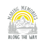 Design with mountain, trees, and sun with 'Making Memories Along the Way' text on a white background