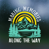 Mountain and lake illustration with 'Making Memories Along the Way' text on a dark background