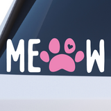 Sticker with 'MEOW' text and a pink paw print on a car window.