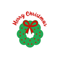 Green Christmas wreath with red bow and 'Merry Christmas' text on a white background