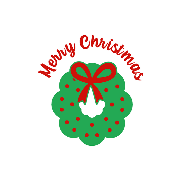 Green Christmas wreath with red bow and 'Merry Christmas' text on a white background