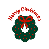 Green Christmas wreath with red bow and 'Merry Christmas' text on a white background
