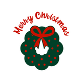 Green Christmas wreath with red bow and 'Merry Christmas' text on a white background