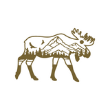 Moose silhouette with mountain and forest design on a white background