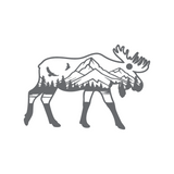 Moose silhouette with mountain and forest design on a white background