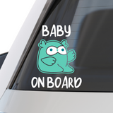 Die-cut vinyl car decal featuring two cute brown cartoon owl characters with big eyes and raised wings, arranged in two pairs. Top text reads 'KID'S ON BOARD' in blue, bottom text reads 'TWINS ON BOARD' in blue. Playful design for parents of twins.

