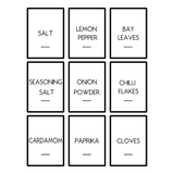 Grid of black and white labels for various spices on a white background
