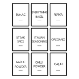 Nine square labels with different spice names on a white background