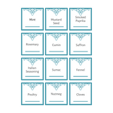Set of 12 seasoning labels with decorative borders on a white background