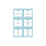 Set of six teal spice labels on a white background