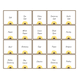 Grid of seasoning labels with sunflower icons on a white background