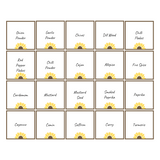 Grid of spice labels with sunflower design on a white background
