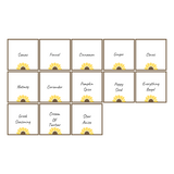 Grid of 12 seasoning labels with sunflower designs on a white background