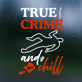 True Crime and Chill text with a silhouette on a raindrop-covered glass background