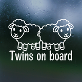 White sheep illustration with 'Twins on board' text on a dark background