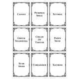 Set of 9 spice label templates with decorative frames on a white background