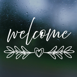 Waterproof Die Cut Vinyl "Welcome" Decal With Simple Foliage And Heart Accent