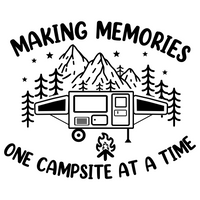 dye cut vinyl campsite mountain tree star scene decal that says making memories one campsite at a time by get decaled. camping, camper decal, trailer decal, rv decal, truck decal, motor home decal, car decal.