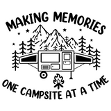 dye cut vinyl campsite mountain tree star scene decal that says making memories one campsite at a time by get decaled. camping, camper decal, trailer decal, rv decal, truck decal, motor home decal, car decal.