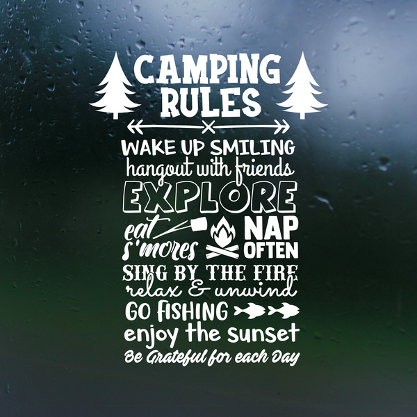 camping rules, camping rules decal, camping rules campier sticker, camper decals, decal, decals, rv decals, motor home decals, motor home door decal, outdoor decals, get decaled