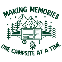 dye cut vinyl campsite mountain tree star scene decal that says making memories one campsite at a time by get decaled. camping, camper decal, trailer decal, rv decal, truck decal, motor home decal, car decal.