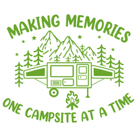 dye cut vinyl campsite mountain tree star scene decal that says making memories one campsite at a time by get decaled. camping, camper decal, trailer decal, rv decal, truck decal, motor home decal, car decal.