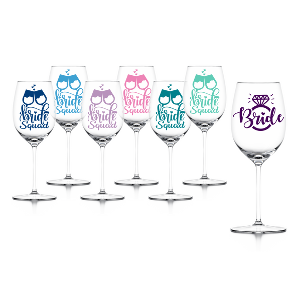 bride squad bridal party wine glass decal bulk pack by get decaled. diy wedding ideas, diy wedding decor, diy wedding, diy bachelorette, bachelorette party ideas, wedding ideas, wedding decor ideas, bridesmaids, bride tribe